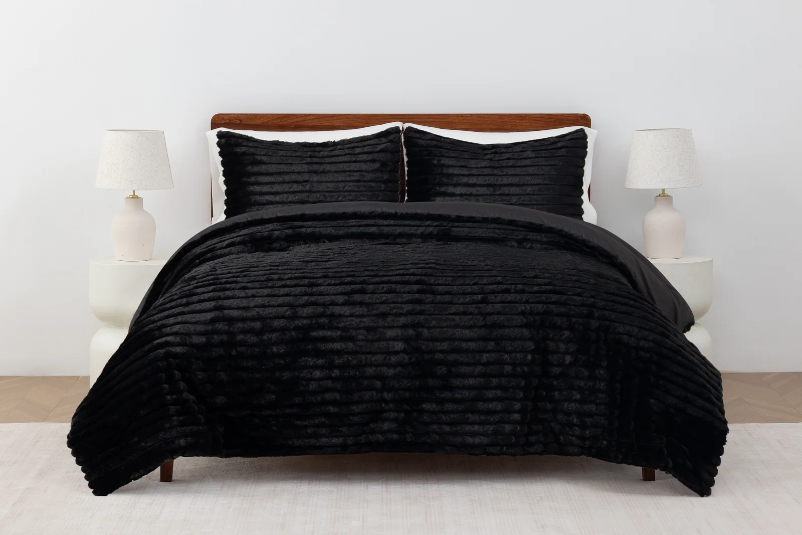 Product preview — Stripped Faux Fur rev. Solid Microfiber Comforter Set  